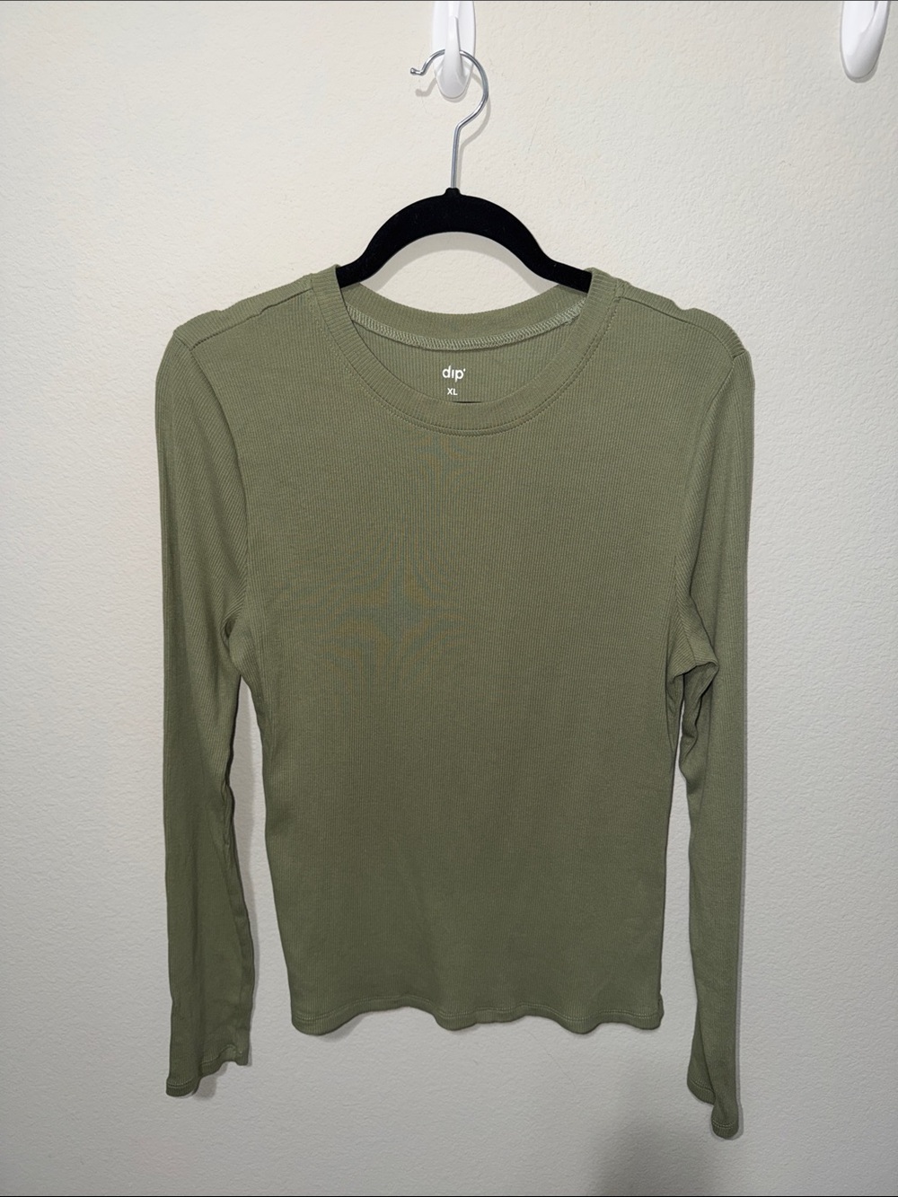 dip Olive Green Long Sleeve Crewneck Top - Lightweight Ribbed Knit